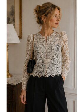 Jessica McClintock Vintage Lace Victorian Blouse Black Cream Pearl Button Top